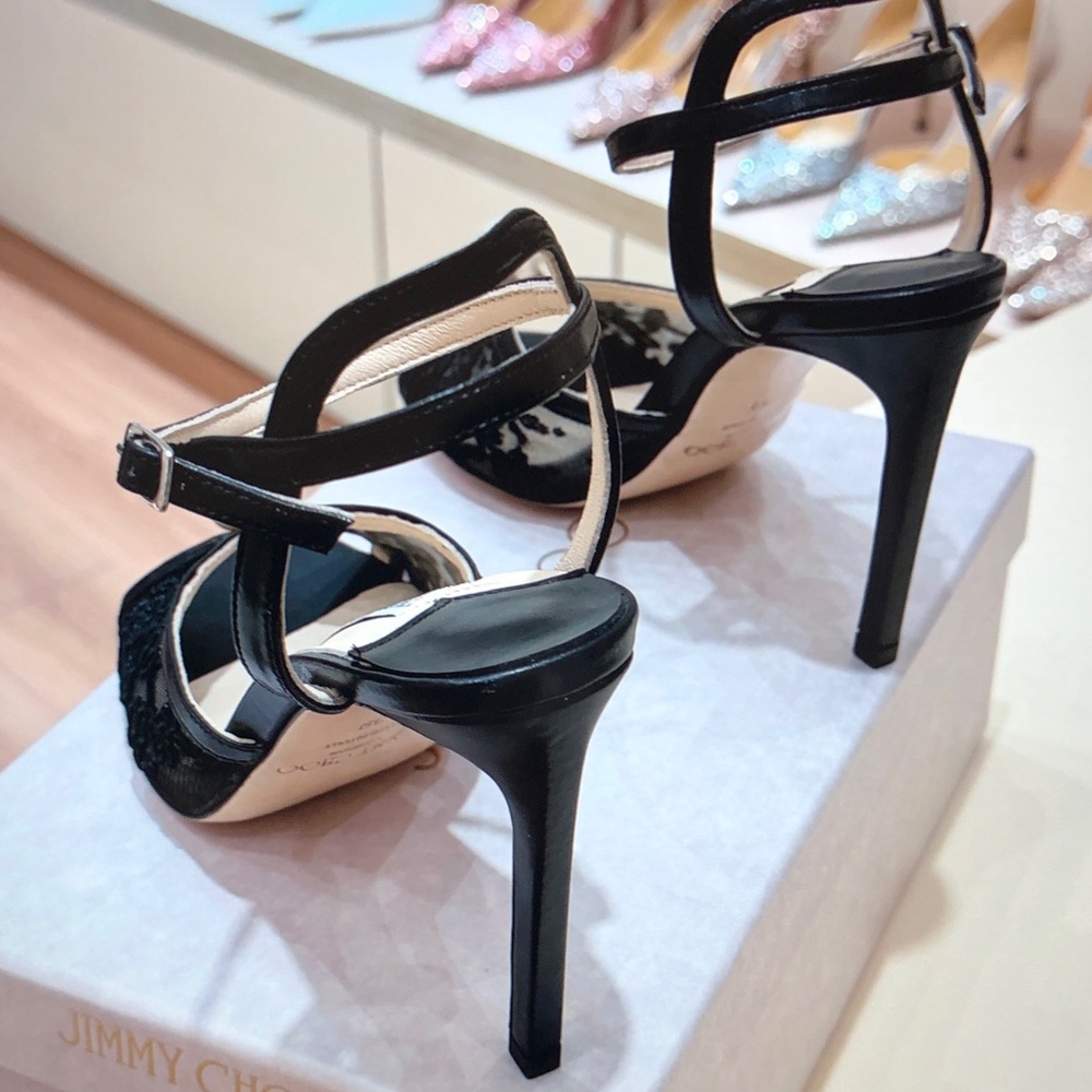 Jimmy Choo Black Lace Pearl-Embellished Ankle-Strap Heels - Picture 6 of 6